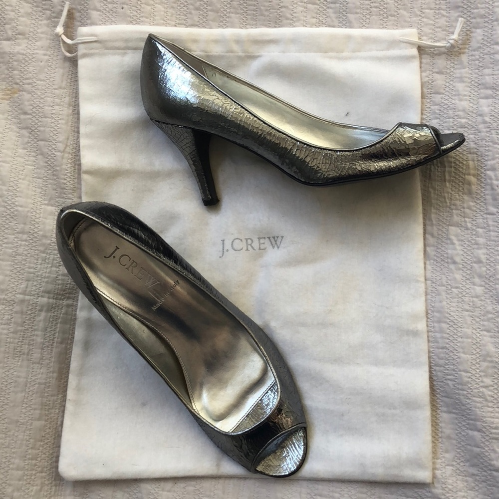 Metallic pewter J Crew peep toe pumps size 7